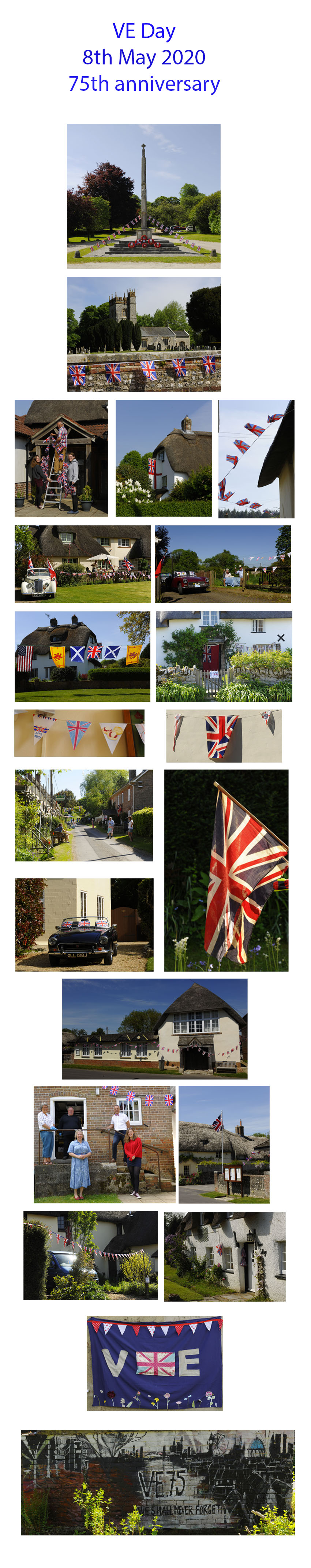 composite phot of village decked out for VE Day 75